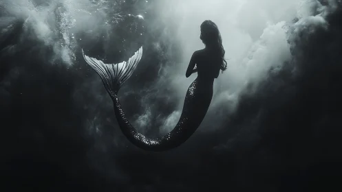 Silhouetted mermaid figure is shown suspended in dark water