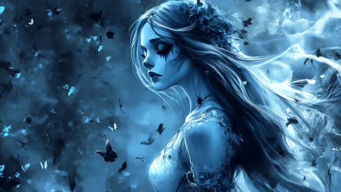 Side profile of blue-toned woman amid drifting butterflies.