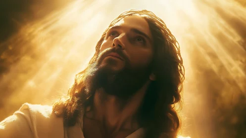 Radiant holy figure bathed in cascading golden heavenlight.