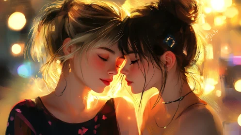 Two figures with luminescent styling in warm ambient lighting.