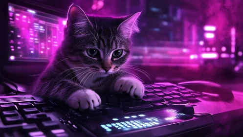 Curious cyber kitten explores a glowing neon keyboard world.