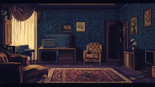 Pixel art living room with vintage electronics and decor.