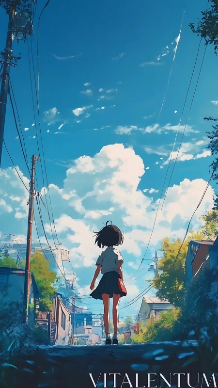 Girl walks down residential street under expansive sky