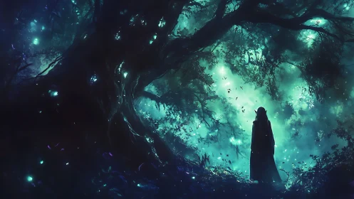 Cloaked wanderer under bioluminescent ancestral canopy.