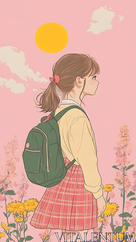 Schoolgirl profile in pink floral field under pastel sun.