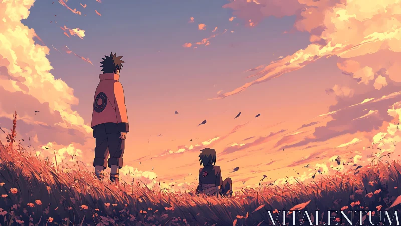 Two figures observe a sunset sky over a grassy hillside