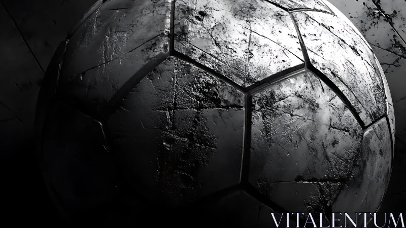 Weathered soccer ball glowing softly in dramatic light.