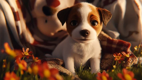 Cute brown and white puppy on blanket in flower field.