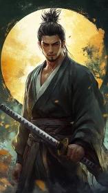 Solitary samurai warrior before luminous moon disc.