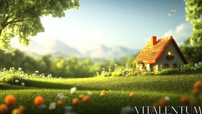 Sunny storybook cottage glowing in a peaceful green meadow.