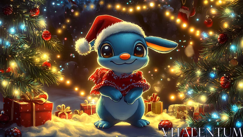 Blue holiday critter shares cozy cheer under glowing lights