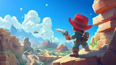 Cartoon sharpshooter surveying stylized desert canyon battlefield.