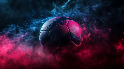 Luminous soccer ball amid neon smoke in dynamic contrast.