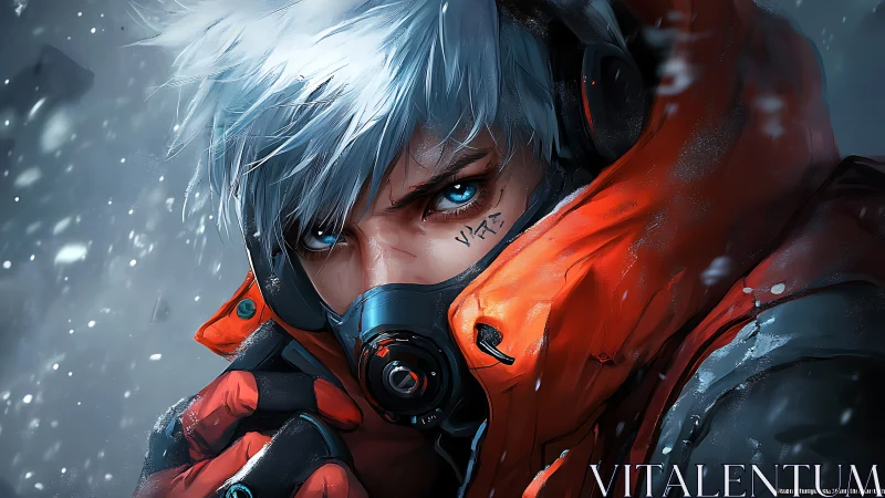 Storm-eyed wanderer braces against the biting cyber winter