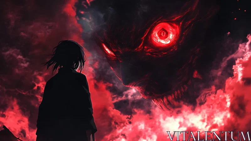 Silhouetted figure confronts colossal demonic face in crimson sky