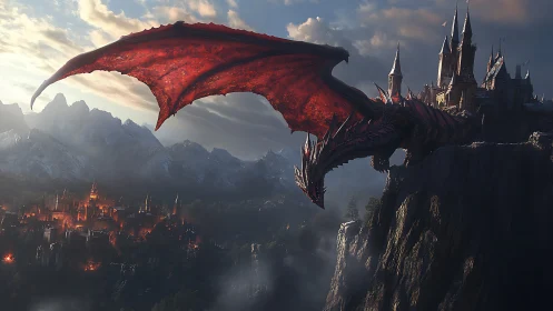 Ancient red dragon looms over a cliffside castle at dusk