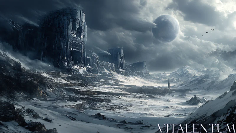 Frozen exoplanet valley with cyclopean ruins and distant moon