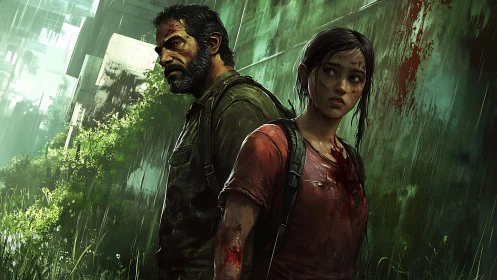 Battle-worn survivors traverse rain-soaked overgrown ruins.