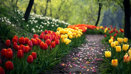 Spring tulip garden with layered color rows and natural background