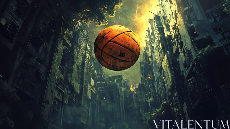 Large basketball floats between dense, decayed urban towers