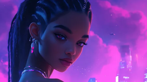 Neon lit cyberpunk woman gazes over futuristic skyline
