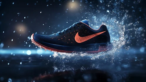 High-speed running shoe rendered with dynamic splash physics and bokeh lighting