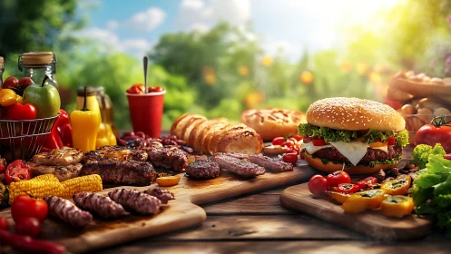 Sunny backyard barbecue table overflows with colorful picnic food
