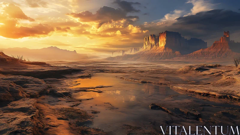 Sunlit desert mesa landscape reflects in shallow water
