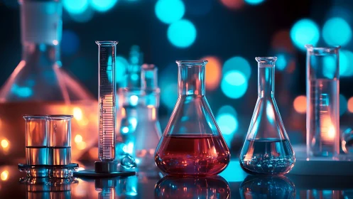 Laboratory glassware with colorful liquids on reflective bench.