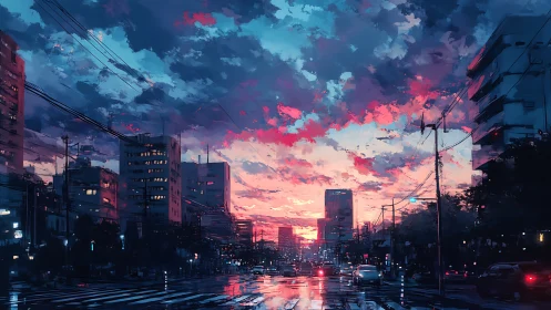 Urban intersection at dusk with reflective wet roadway scene.