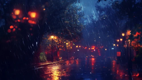Nocturnal rainlit avenue with glowing city lamplights.