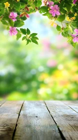 Wooden deck surface with flowering vines and blurred garden background.