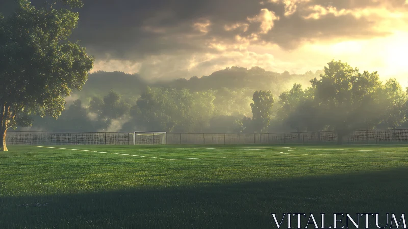 Sunlit soccer field bordered by trees and distant hills.