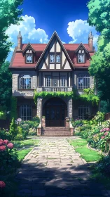 Sunlit manor facade framed by lush summer garden.