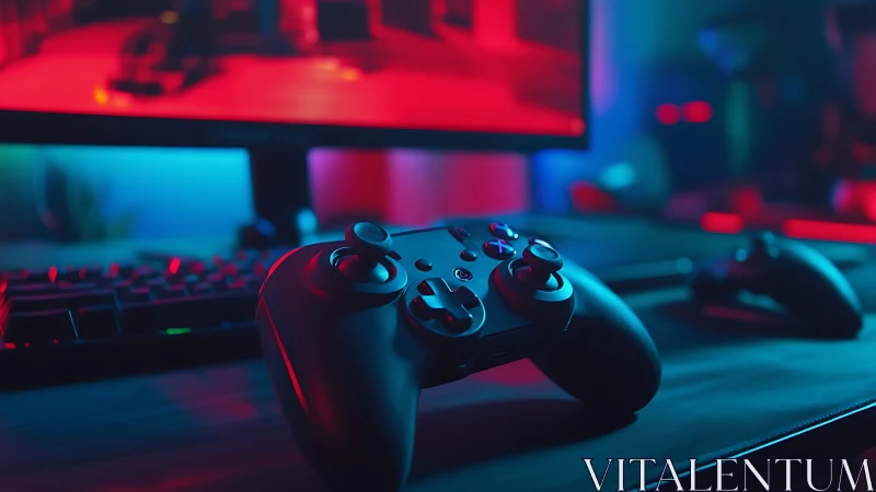 Dual game controllers under neon bicolor rim lighting on desk
