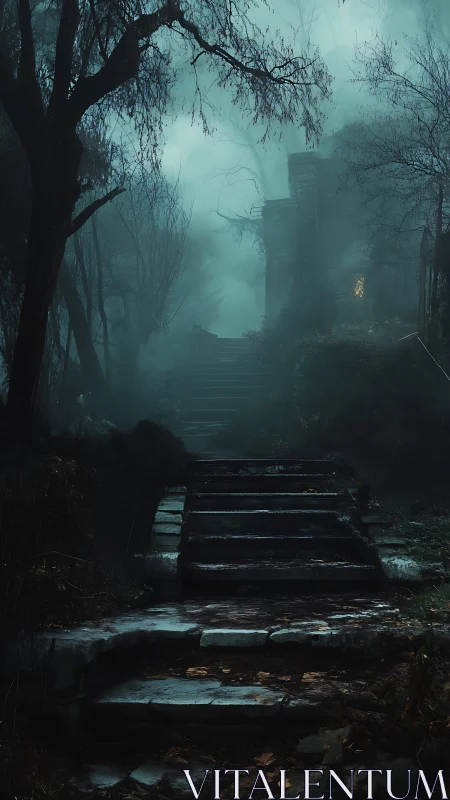 Fog-shrouded stone stair ascent toward dimly lit ruin portal.