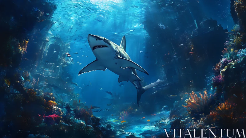 Shark swims above submerged ruins within dense coral reef