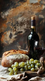 Wine, Bread, and Grapes in Rustic Still Life Composition