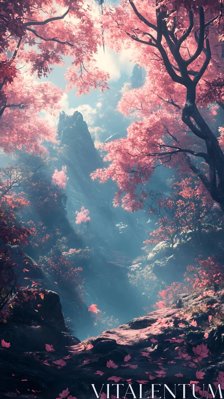 Pink Blossom Forest Canyon with Dramatic Sky