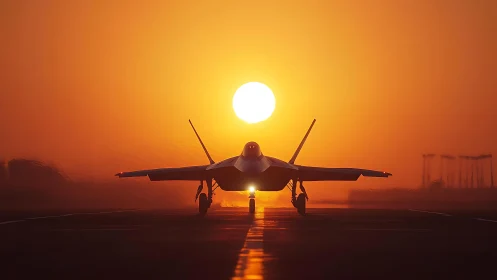 Silhouetted stealth fighter aligns with low sun over runway centerline