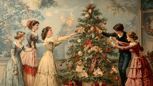 Victorian family decorates an ornate Christmas tree together.