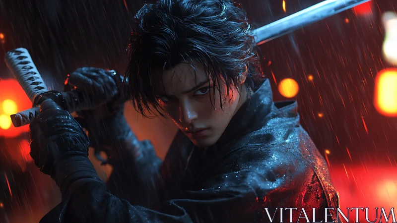 Rain-soaked swordsman steadies his blade under neon light