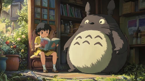 Child reading beside large creature in rustic doorway.