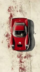 Red vintage race car stands out against weathered concrete.