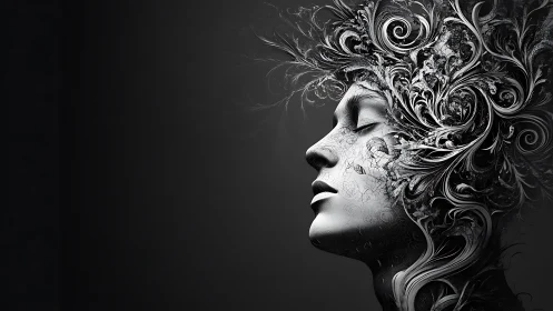 Surreal monochrome face merges with ornate swirling foliage