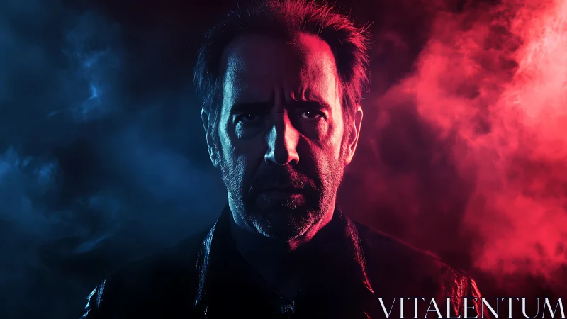 Moody portrait framed by bold red and blue drifting smoke.