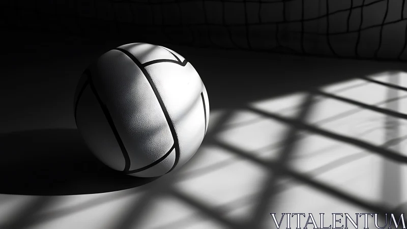 High-contrast volleyball study with dramatic net shadow play