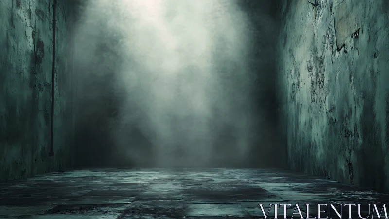 Fog-filled narrow corridor with worn textured walls.