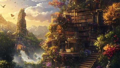 Towering outdoor fantasy library complex rises among forests