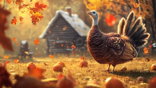 Turkey stands in autumn field before rustic cabin at sunrise